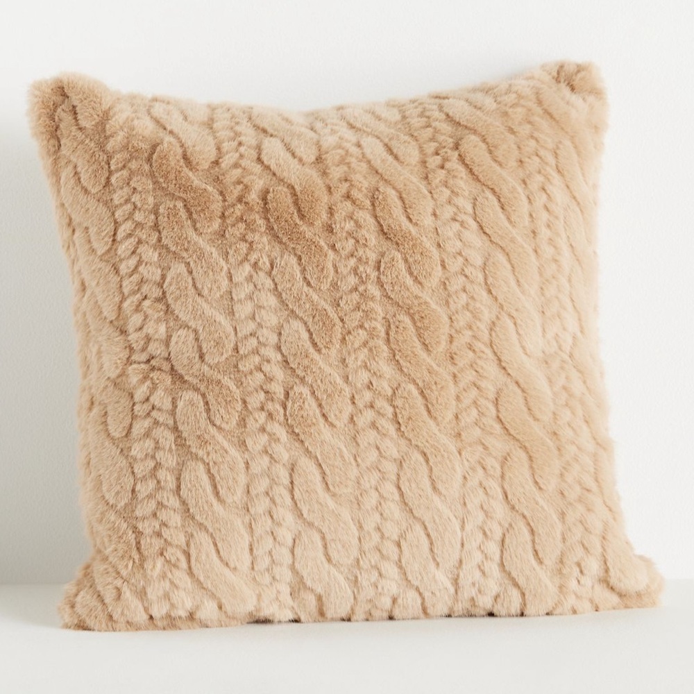 Cozy Brown Faux Fur Cable-Knit Sweater Pillow 18”x18”